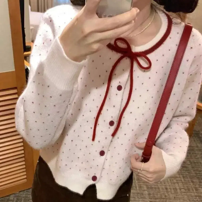 [BUNJANG] White Ribbon Polka Dot Cardigan Sweater / 리본 화이트 땡땡이 도트 가디건 스웨터