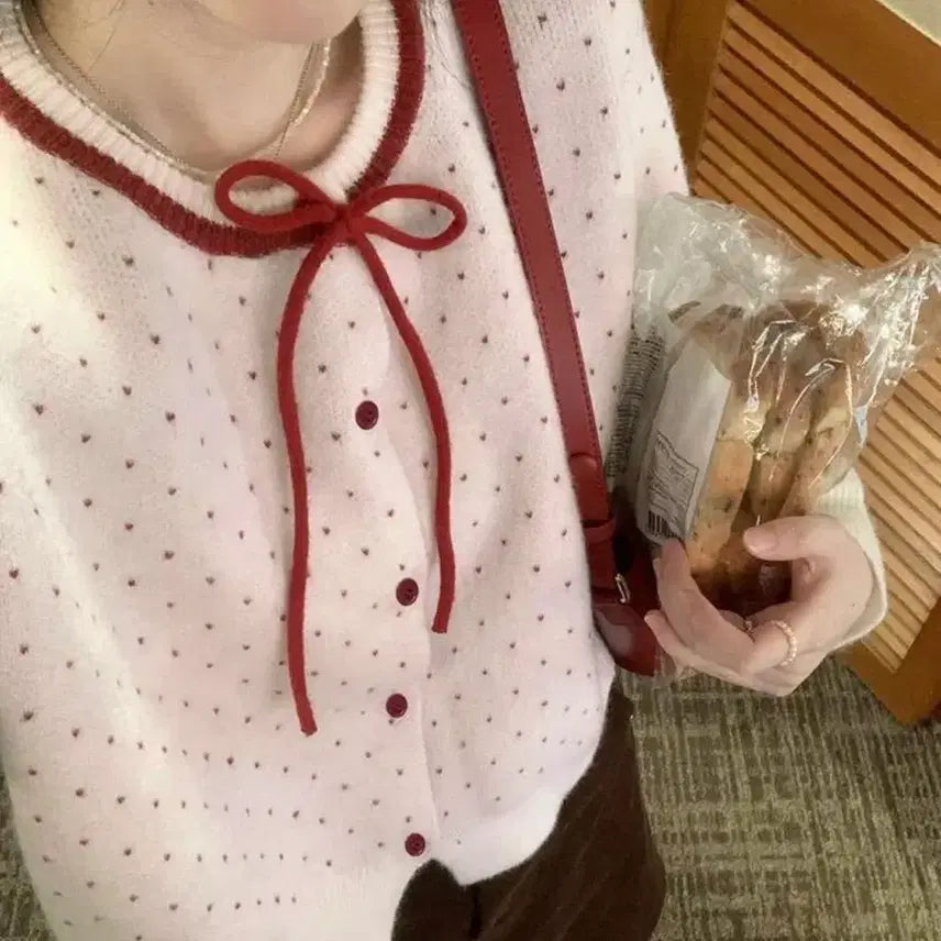 [BUNJANG] White Ribbon Polka Dot Cardigan Sweater / 리본 화이트 땡땡이 도트 가디건 스웨터