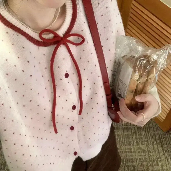 [BUNJANG] White Ribbon Polka Dot Cardigan Sweater / 리본 화이트 땡땡이 도트 가디건 스웨터