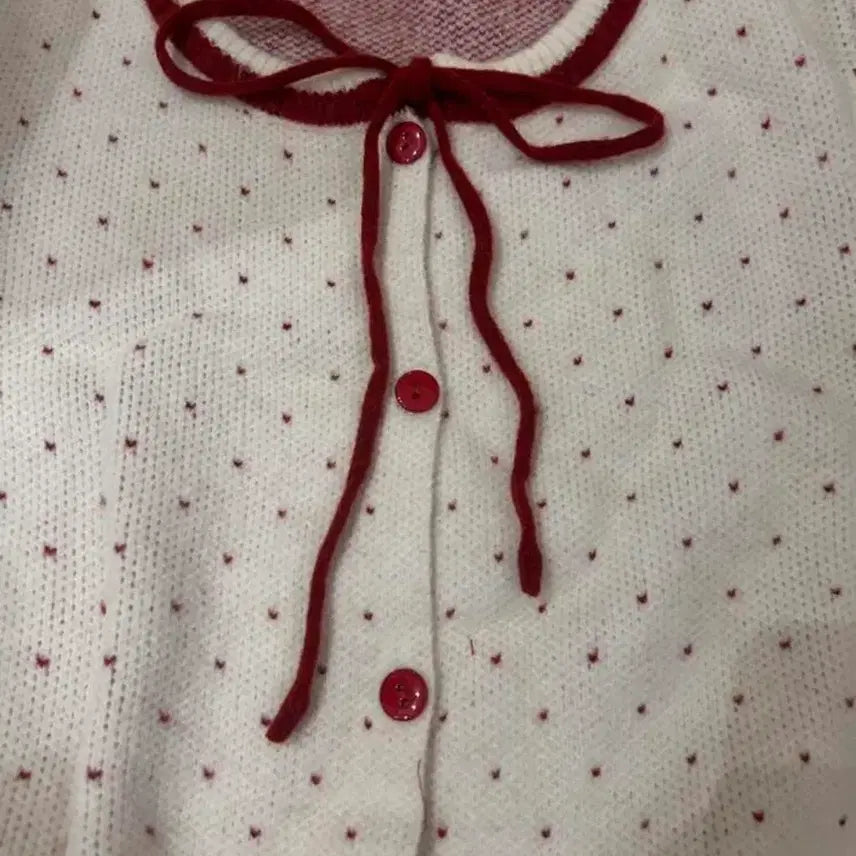 [BUNJANG] White Ribbon Polka Dot Cardigan Sweater / 리본 화이트 땡땡이 도트 가디건 스웨터