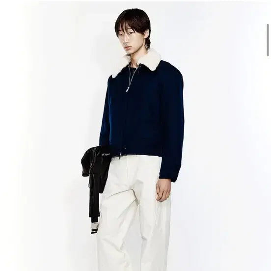 [BUNJANG] Alainne Detachable Collar Wool Crop Shearling Jacket - Navy / 2 알렌느 디테쳐블 카라 울 크롭 시어링 자켓 네이비