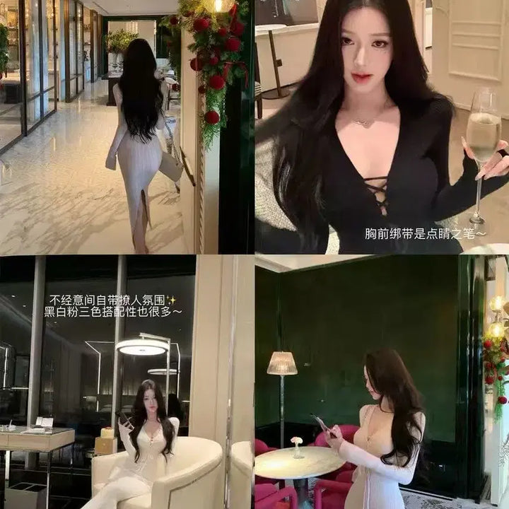 [BUNJANG] Ablie - Knit Long Dress / 끈스트랩 아일렛 니트롱원피스 슬림핏 골지 여친룩 에이블리 섹시한