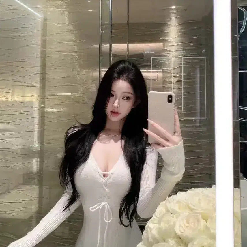 [BUNJANG] Ablie - Knit Long Dress / 끈스트랩 아일렛 니트롱원피스 슬림핏 골지 여친룩 에이블리 섹시한