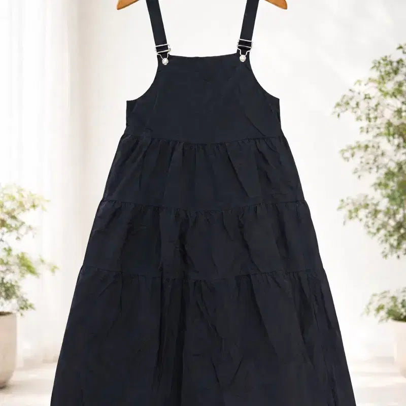 [BUNJANG] Designer Black Crinkled Maxi Dress / 거의 새상품 디자이너 블랙 바스락 치마멜빵 캉캉 롱 원피스 나시 프리