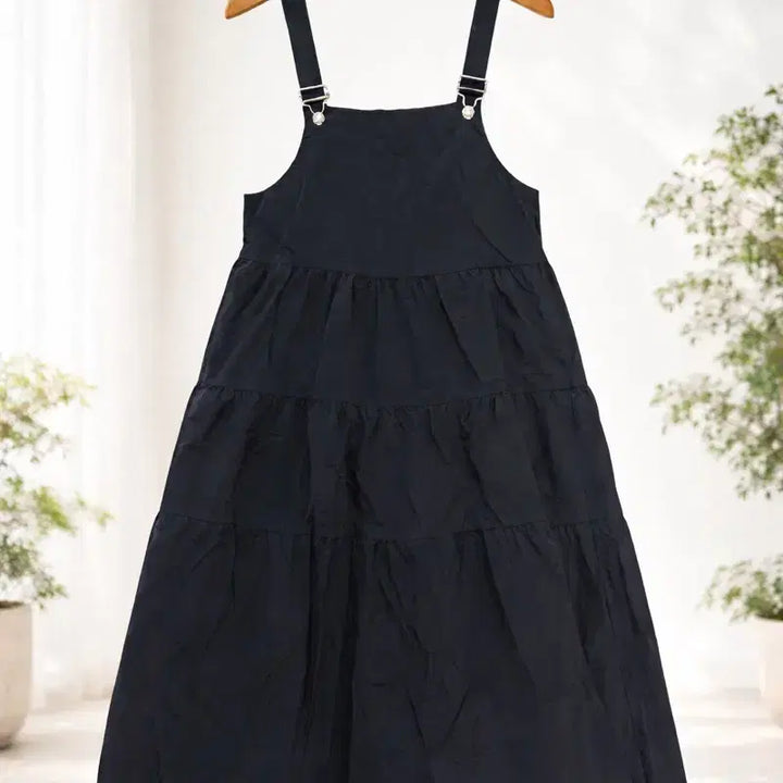 [BUNJANG] Designer Black Crinkled Maxi Dress / 거의 새상품 디자이너 블랙 바스락 치마멜빵 캉캉 롱 원피스 나시 프리