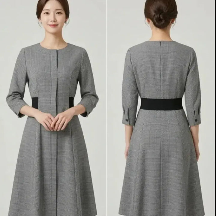 [BUNJANG] THE IZZAT COLLECTION Check Pattern Waist Color-Blocked Midi Dress / 더아이잗컬렉션 / 허리 라인 배색이 돋보이는 체크 패턴 원피스