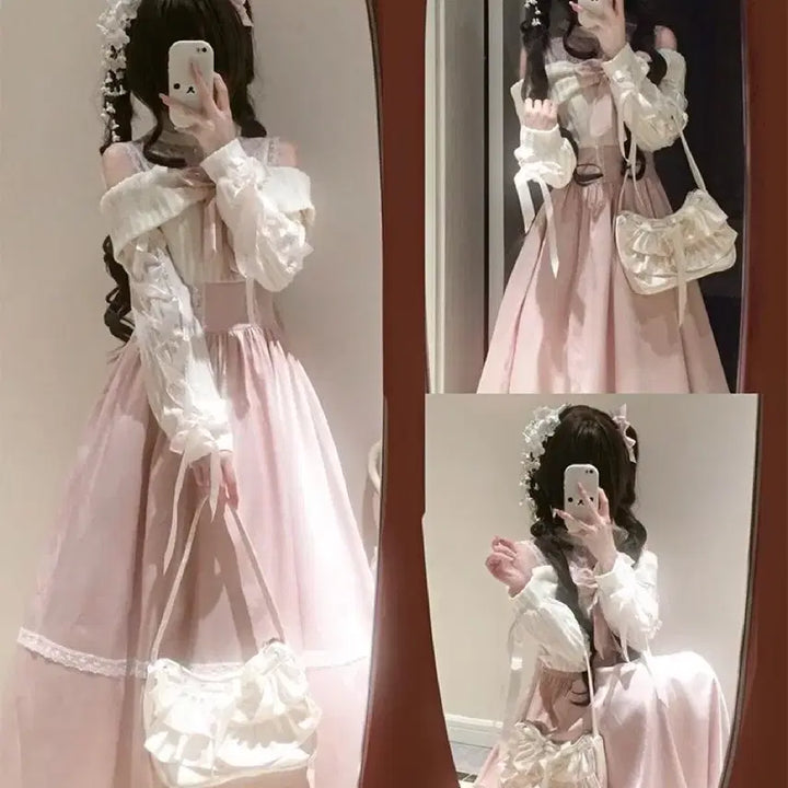 [BUNJANG] Classic Lolita Style Off-Shoulder Lace Long Dress / 클래식 양산형 로리타 스타일 오프숄더 레이스 롱 원피스