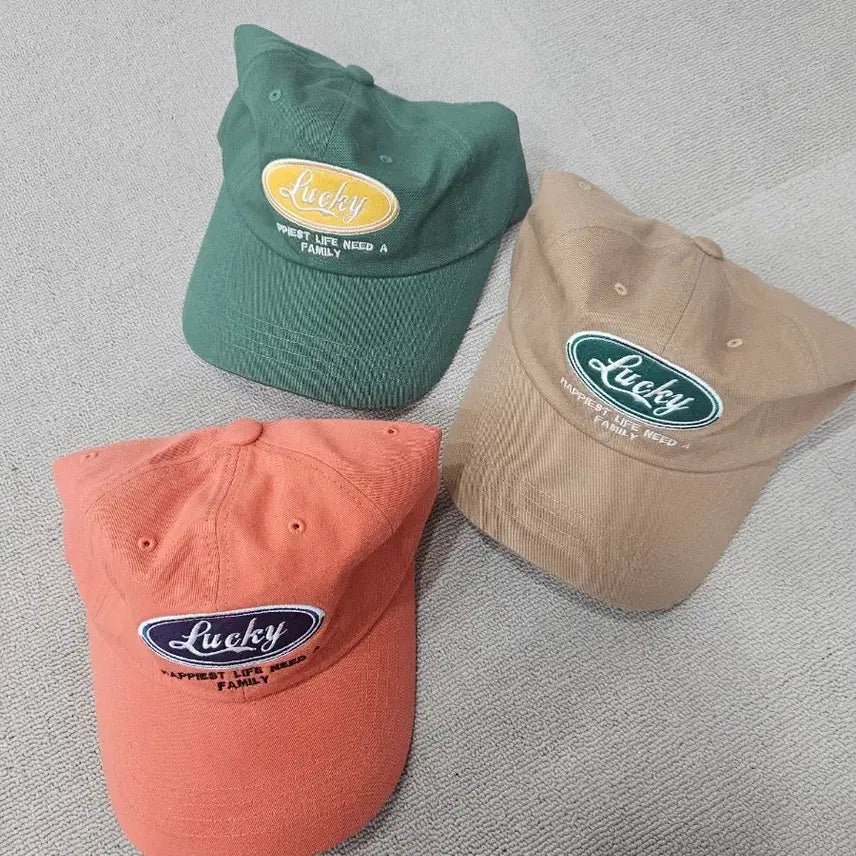 [BUNJANG] Lucky Embroidered Ball Cap (Green/Beige/Orange) Bundle Set / Lucky 자수 볼캡 모자 그린/베이지/오렌지 3종일괄