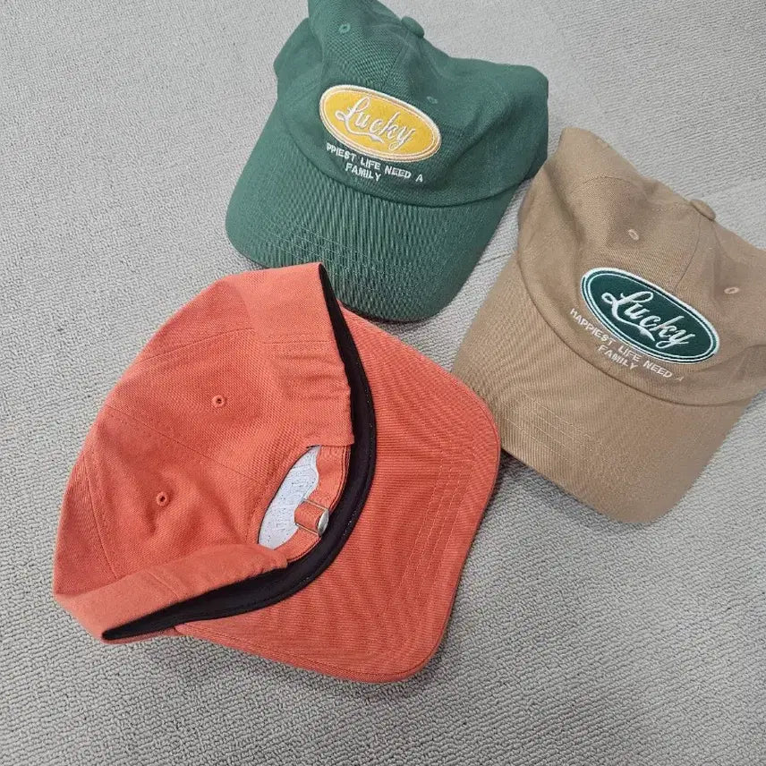 [BUNJANG] Lucky Embroidered Ball Cap (Green/Beige/Orange) Bundle Set / Lucky 자수 볼캡 모자 그린/베이지/오렌지 3종일괄