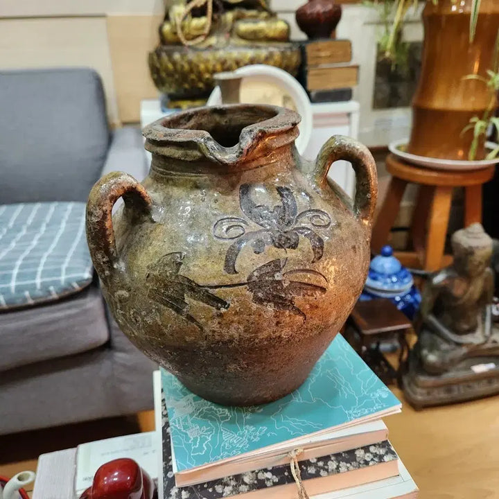 [BUNJANG] Antique Stone Red Floral Pattern Porcelain Vase / 석간주 화문 도자기(골동품)