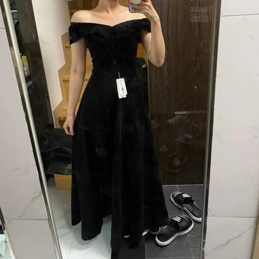 [BUNJANG] Off-Shoulder Velvet Long Dress / 55~77 블랙 오프숄더 벨벳 롱 원피스 2부드레스 촬영드레스