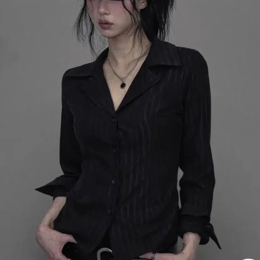 [BUNJANG] Suede Pale Stripe Shirt (Charcoal, Ivory) / 스웨이드 페일 스트라이프 셔츠 (차콜, 아이보리)