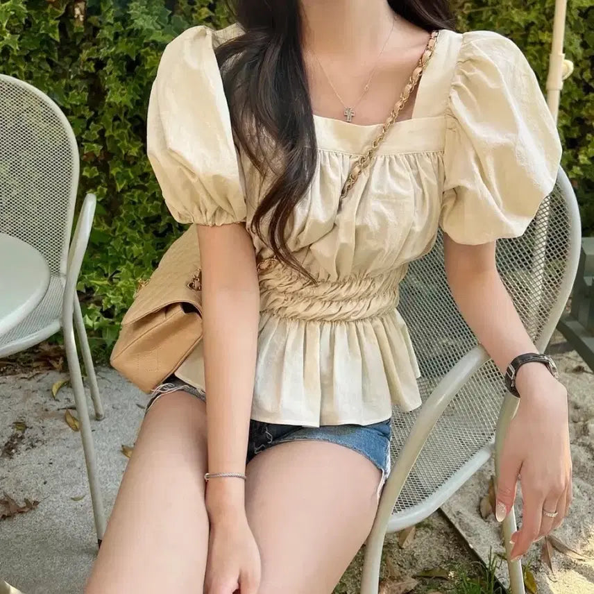 [BUNJANG] lheure Roser Puff Blouse Butter Color / 루흐 lheure 로제퍼프 셔링 블라우스 버터컬러