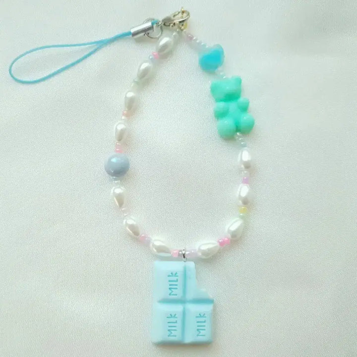 [BUNJANG] Handmade Blue Chocolate Pearl Keychain Phone Strap / 핸드메이드 블루 초콜릿 진주키링 폰스트랩