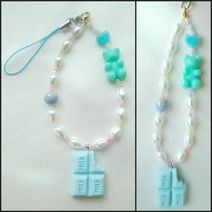 [BUNJANG] Handmade Blue Chocolate Pearl Keychain Phone Strap / 핸드메이드 블루 초콜릿 진주키링 폰스트랩