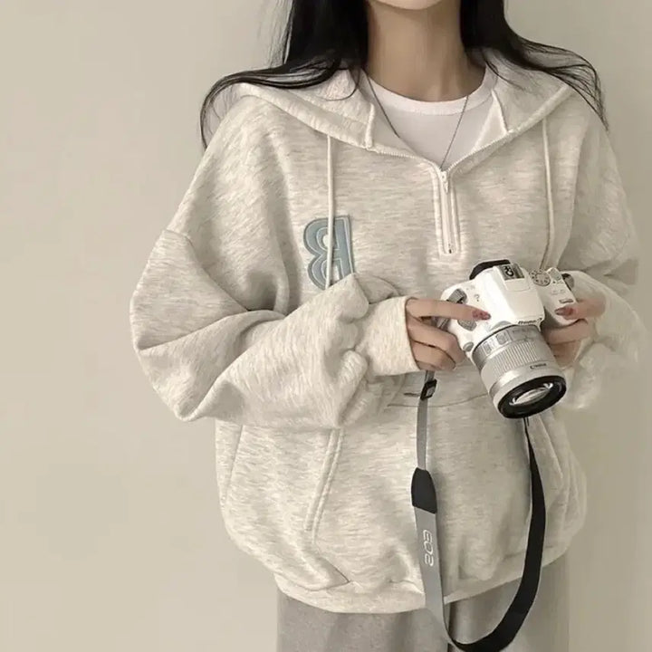 [BUNJANG] Ably Fleece Lined Half Zip Hoodie / 에이블리 반집업 기모 후드티