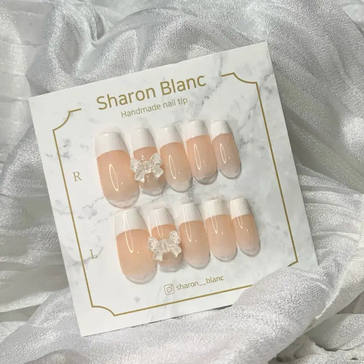 [BUNJANG] French Nail Tip Set / *할인가* 반시럽 리본 화이트 프렌치 네일팁 / 14종 쉐입