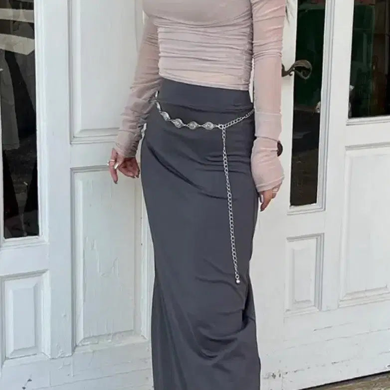 [BUNJANG] Beomz Sheer Chiffon Shirred Off-Shoulder Crop Top / 범즈 시스루 쉬폰 셔링 오프숄더 크롭 긴팔티