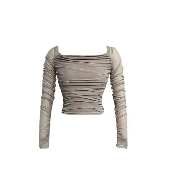 [BUNJANG] Beomz Sheer Chiffon Shirred Off-Shoulder Crop Top / 범즈 시스루 쉬폰 셔링 오프숄더 크롭 긴팔티