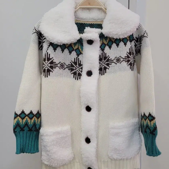 [BUNJANG] Fair Isle Pattern Fleece Collar Cardigan (Size 55-66) / 페어아일 패턴 뽀글이 카라 가디건 55~66반 프리사이즈 미착용