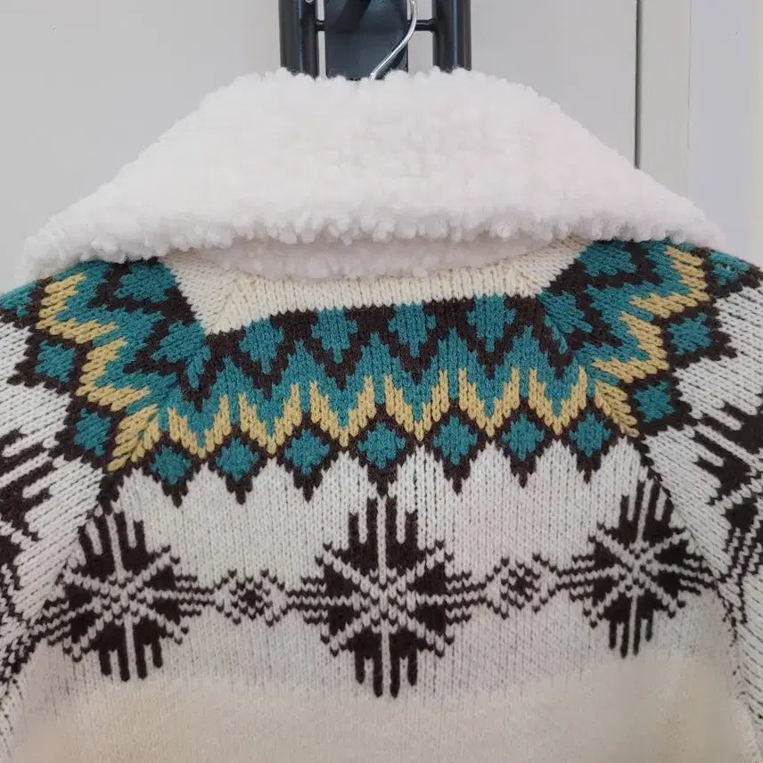 [BUNJANG] Fair Isle Pattern Fleece Collar Cardigan (Size 55-66) / 페어아일 패턴 뽀글이 카라 가디건 55~66반 프리사이즈 미착용