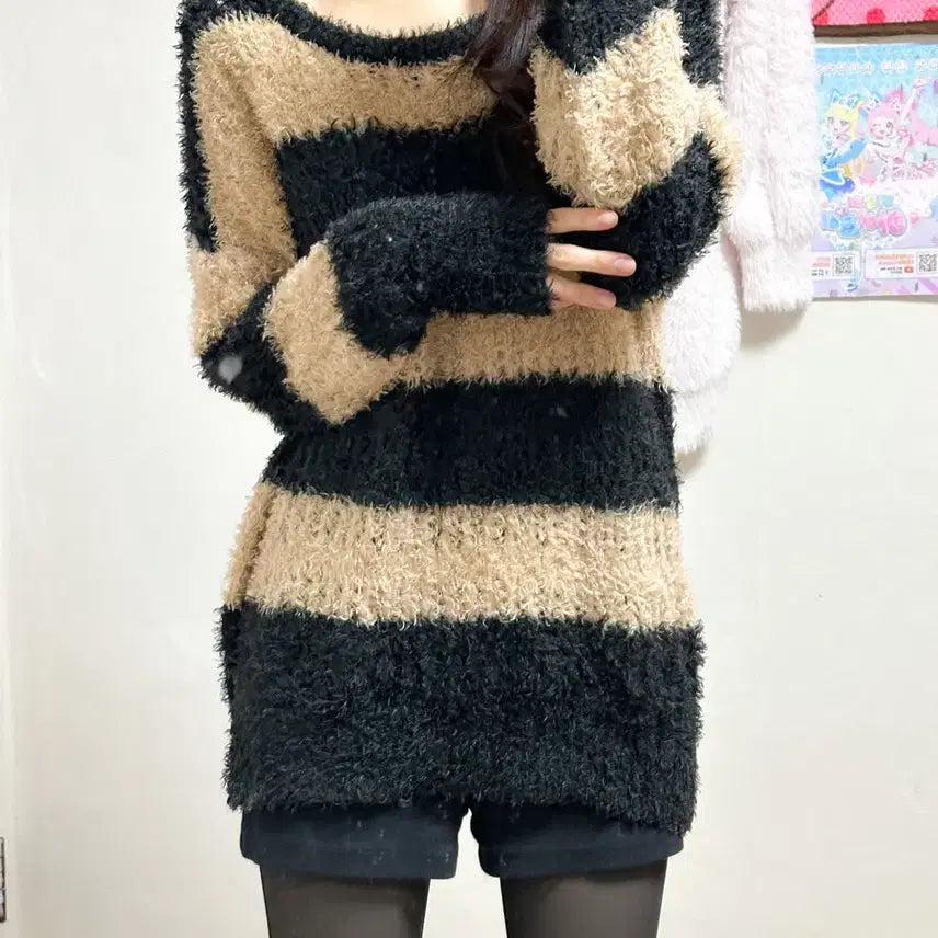 [BUNJANG] Vintage Brown Stripe Knit Himekaji Gothic / 빈티지 브라운 스트라이프 니트 히메갸루 로걀 라떼 헤이세이 히메카지 고딕