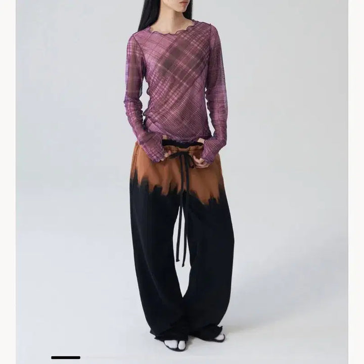 [BUNJANG] Gyeong Pink Check Mesh Top / 경 gyeong 메쉬 탑 핑크 체크