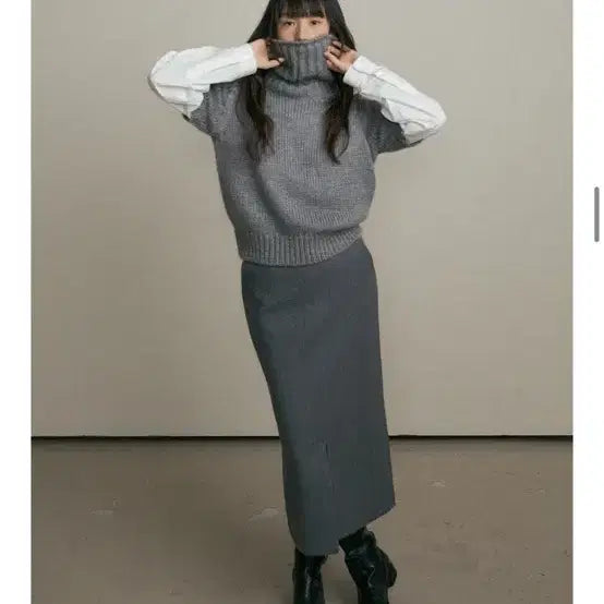 [BUNJANG] Ring Seoul Mohair Turtleneck Knit &amp; Blouse Set / !!세트가격!! 링서울 모헤어 터틀넥 니트 그레이 + 블라우스 세트