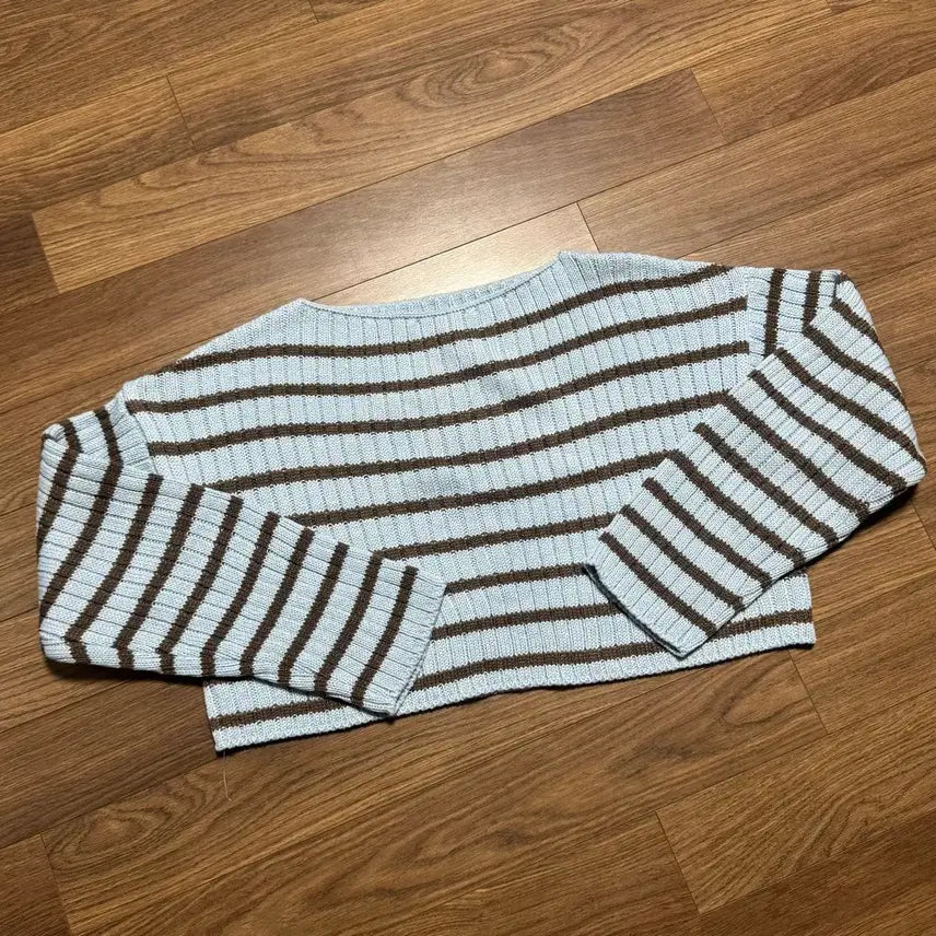 [BUNJANG] Striped Boat Neck Crop Knit Top / 보트넥 스트라이프 크롭 니트