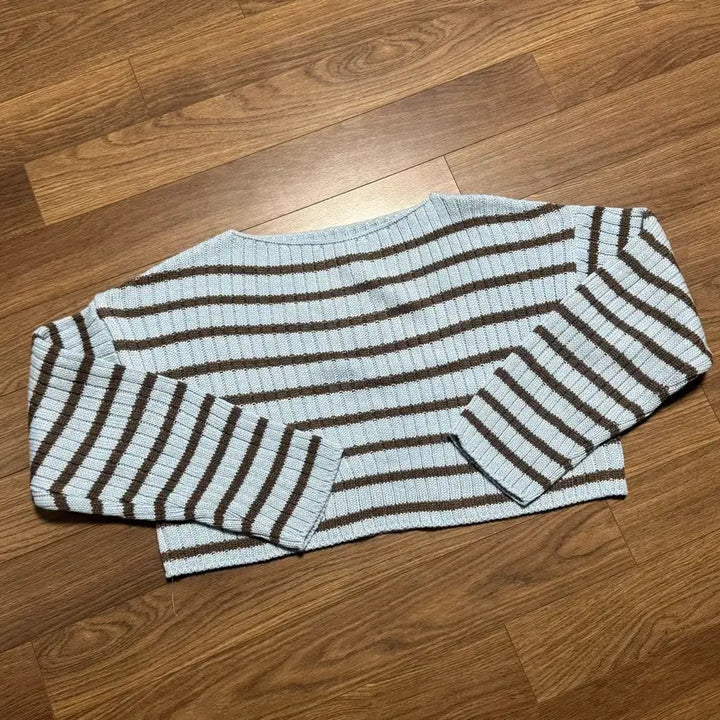 [BUNJANG] Striped Boat Neck Crop Knit Top / 보트넥 스트라이프 크롭 니트