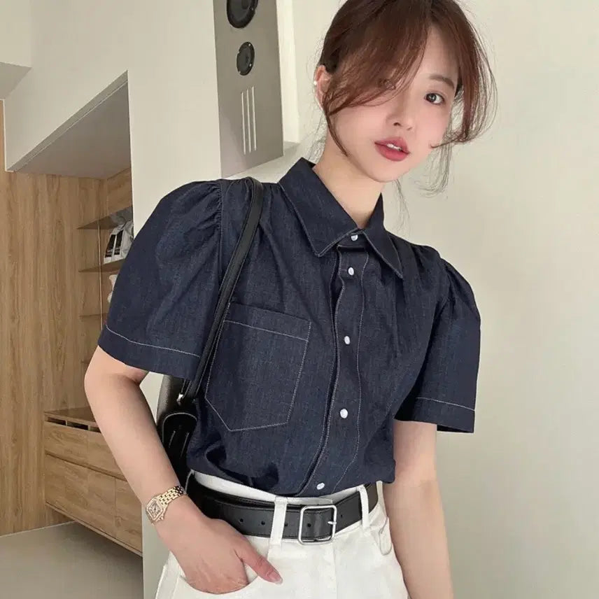 [BUNJANG] ByCini Stitch Denim Blouse / 바이씨니 제작 스티치데님 bl
