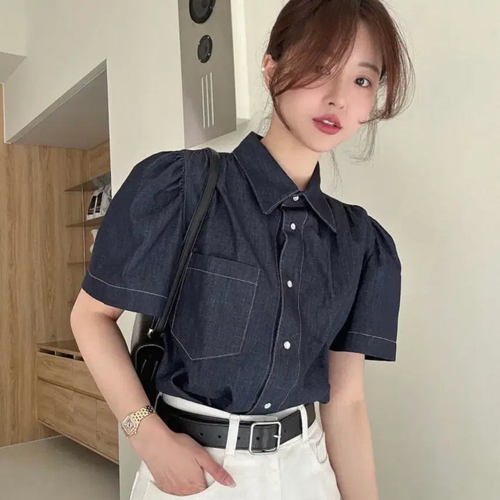 [BUNJANG] ByCini Stitch Denim Blouse / 바이씨니 제작 스티치데님 bl