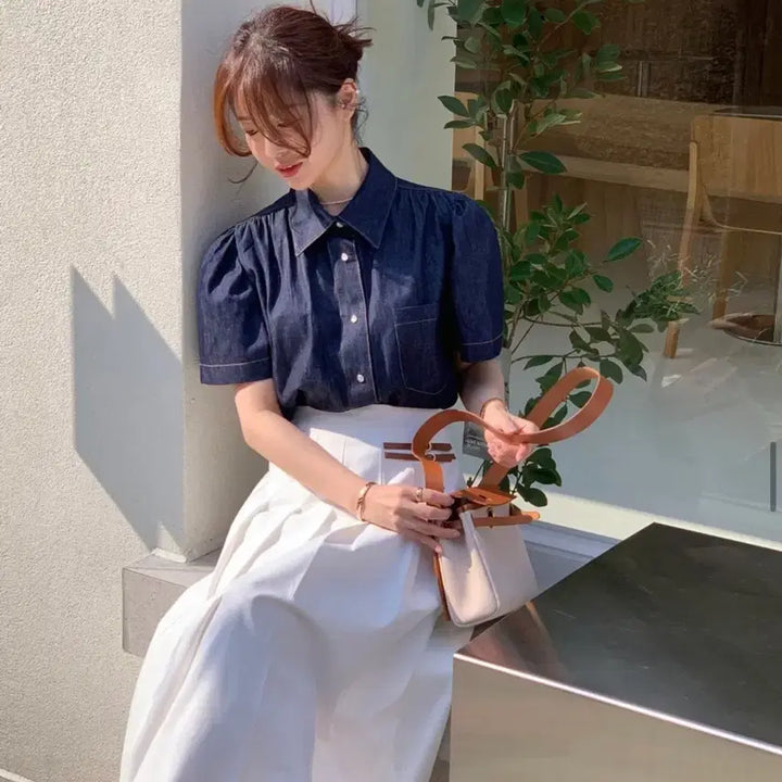 [BUNJANG] ByCini Stitch Denim Blouse / 바이씨니 제작 스티치데님 bl