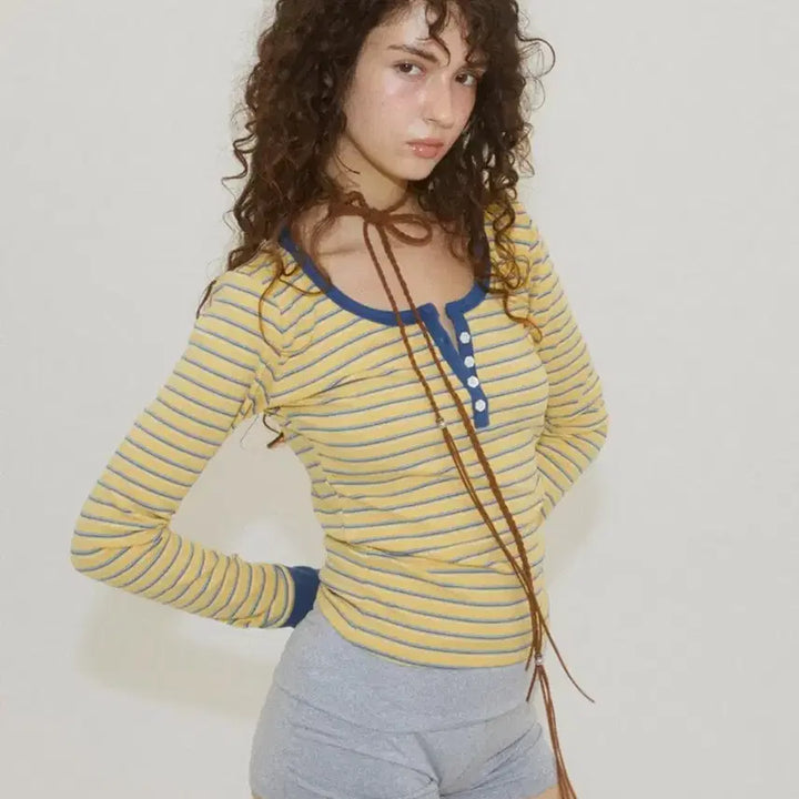 [BUNJANG] As If Calie Stripe Button T-Shirt Yellow / as if calie STRIPE BUTTON T-SHIRT YELLOW