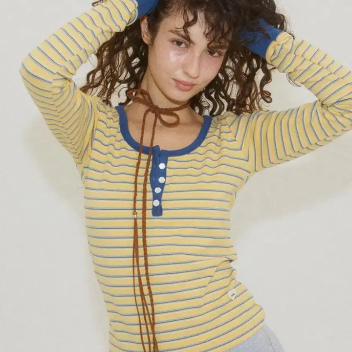 [BUNJANG] As If Calie Stripe Button T-Shirt Yellow / as if calie STRIPE BUTTON T-SHIRT YELLOW