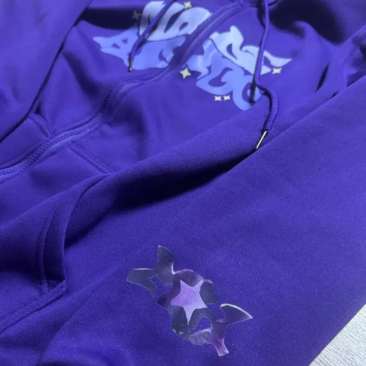 [BUNJANG] Y2K Printing Hooded Zip-Up Sweatshirt Purple M / 힙합 래퍼 힙한 y2k 프린팅 후드집업 후드티 후드 후디 퍼플 M