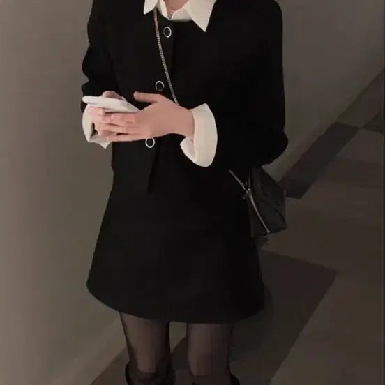 [BUNJANG] Tweed Jacket and Skirt Set (Black) / 세미크롭 트위드 자켓 + 스커트 세트 블랙 (미착용)