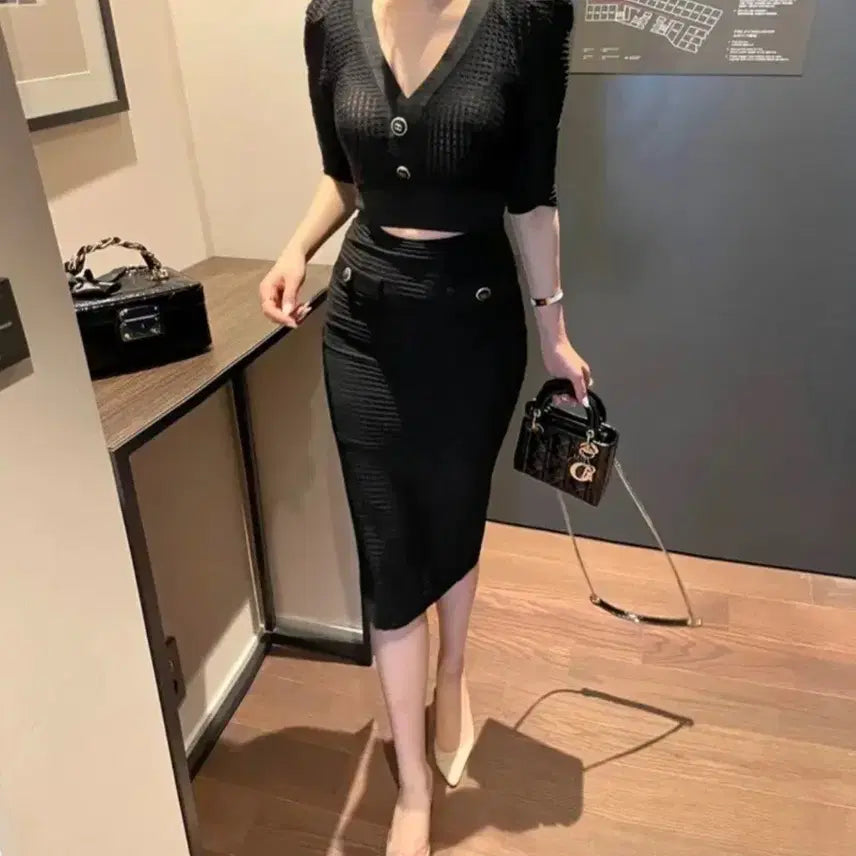 [BUNJANG] Black Midi Dress Puff Sleeve Knit / 미디원피스