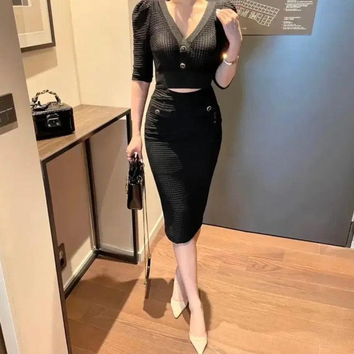 [BUNJANG] Black Midi Dress Puff Sleeve Knit / 미디원피스