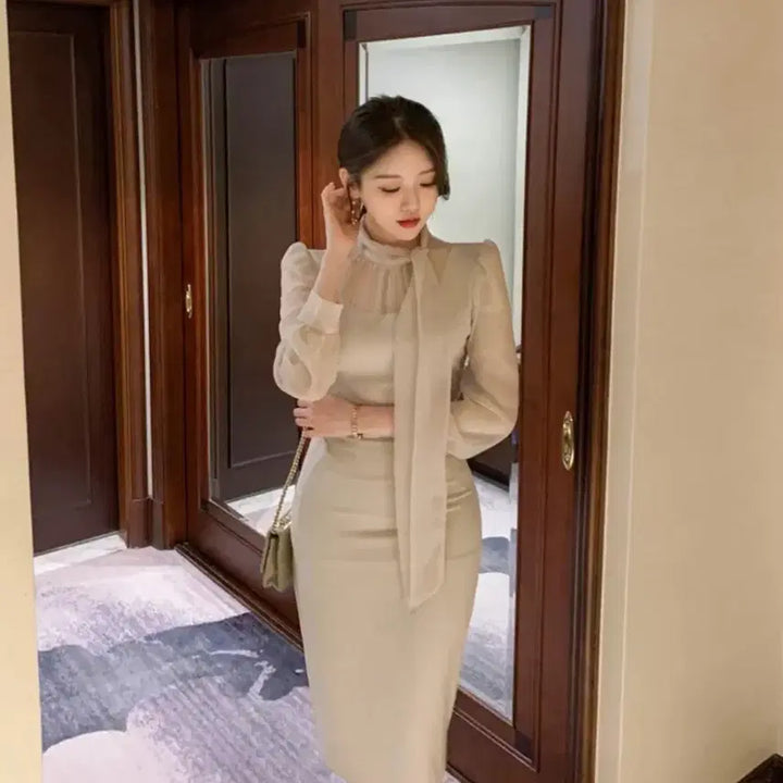 [BUNJANG] Attrangs Tie-Neck Chiffon Dress / 아뜨랑스 타이넥 쉬폰 원피스