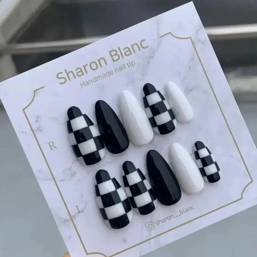 [BUNJANG] Sharon Blanc Nail Tip Set (14 Shapes) / 체커보드 네일팁 / 14종 쉐입