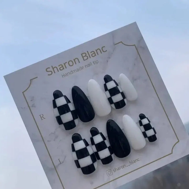 [BUNJANG] Sharon Blanc Nail Tip Set (14 Shapes) / 체커보드 네일팁 / 14종 쉐입