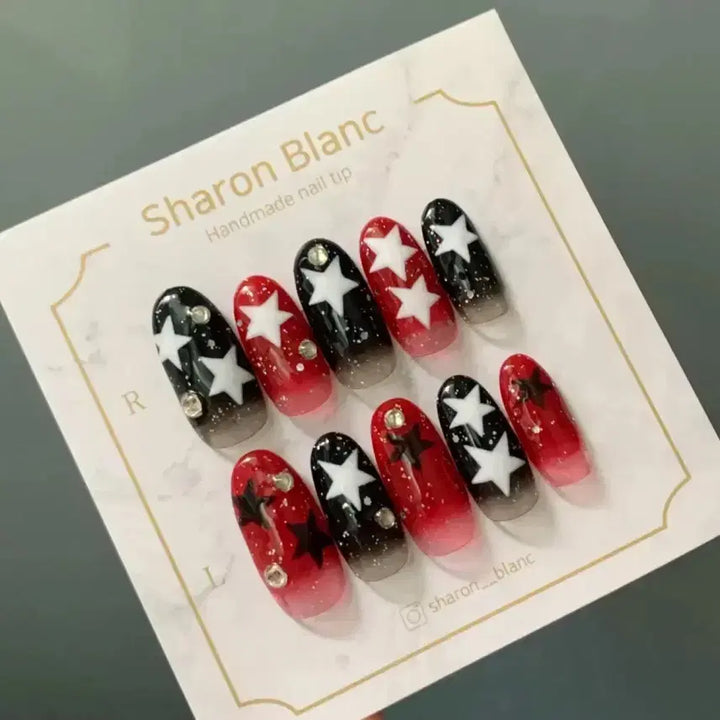 [BUNJANG] Y2K Red and Black Gradient Nail Tip Set (14 Shapes) / 레드+블랙 별 그라데이션 글리터 네일팁 / 14종 쉐입