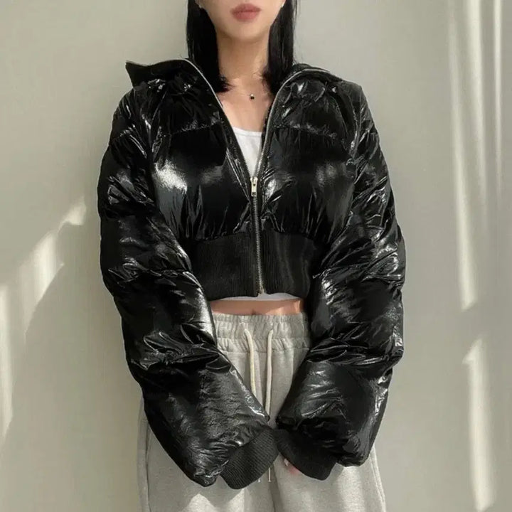 [BUNJANG] Real Glossy Cropped Padded Jacket / 리얼 글로시 광택 크롭 패딩