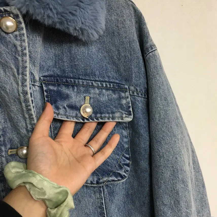 [BUNJANG] O!Z Sec PERTRIMING Pearl Denim Jacket / 오즈세컨 퍼트리밍 진주 데님 자켓
