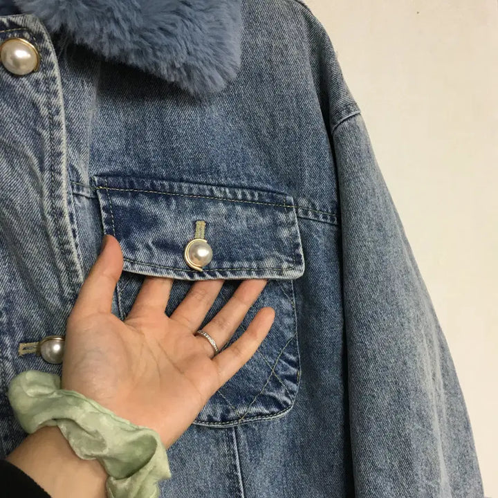[BUNJANG] O!Z Sec PERTRIMING Pearl Denim Jacket / 오즈세컨 퍼트리밍 진주 데님 자켓