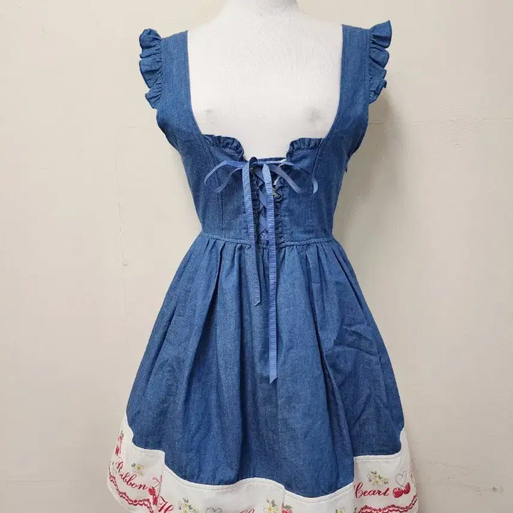 [BUNJANG] Lolita Cherry Denim Corset Dress / 로리타 체리 데님 코르셋여밈 원피스