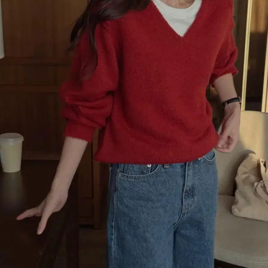 [BUNJANG] Frenzy Wool Oversized V-Neck Knit Sweater (Red) / 프렌제이 울 오버핏 브이넥 니트 (레드)