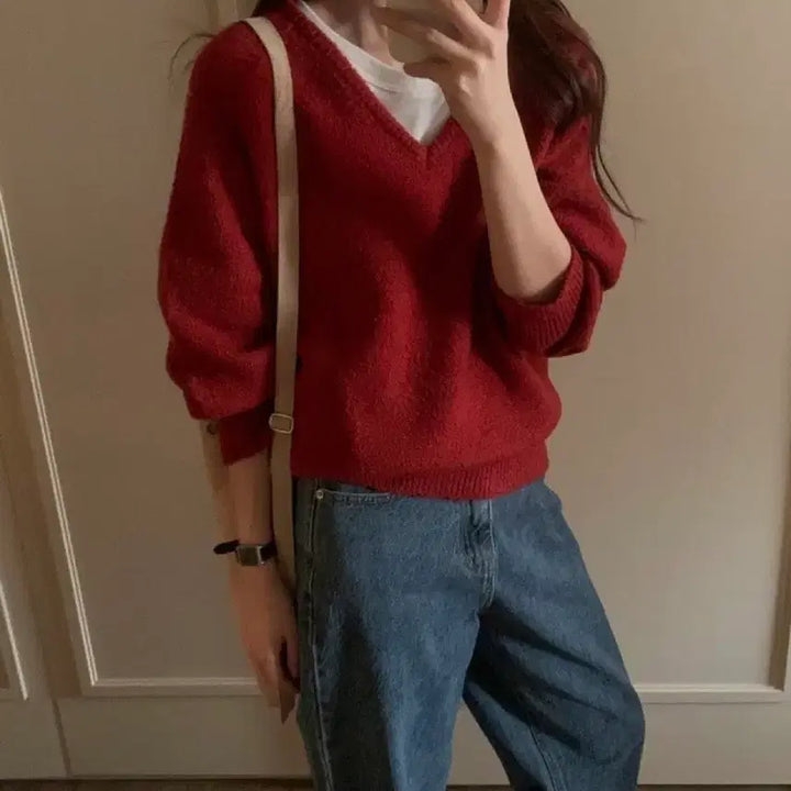 [BUNJANG] Frenzy Wool Oversized V-Neck Knit Sweater (Red) / 프렌제이 울 오버핏 브이넥 니트 (레드)