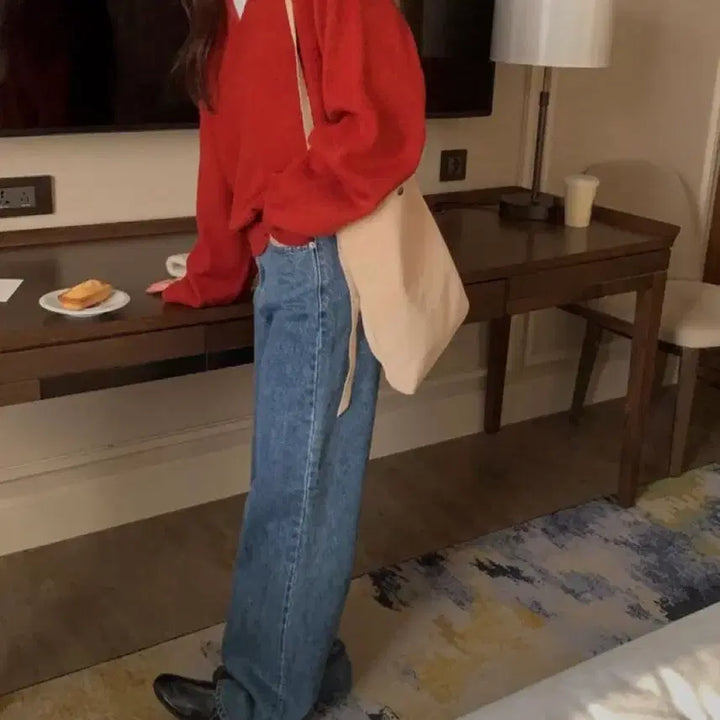 [BUNJANG] Frenzy Wool Oversized V-Neck Knit Sweater (Red) / 프렌제이 울 오버핏 브이넥 니트 (레드)